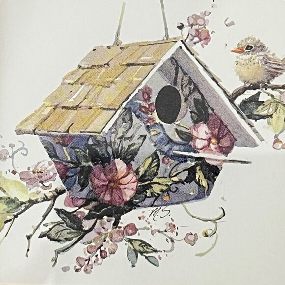 Wall Art Set 2 Prints Matted Wood Frame Glass Cover Birdhouses Flowers 7x7 - Picture 5 of 9